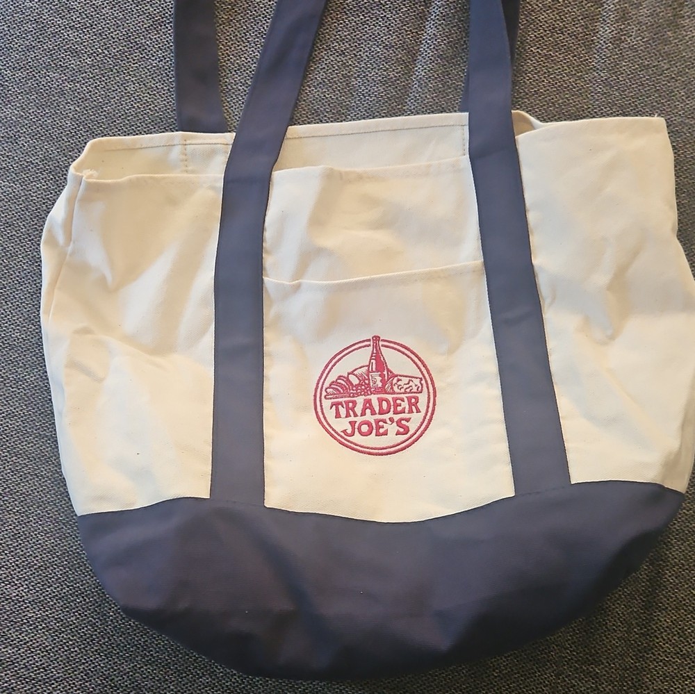 Trader Joe’s Large Polyester Tote Bag Beige/Blue Logo with Front Pocket