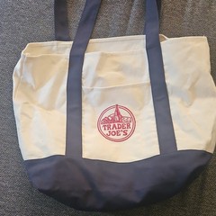 Trader Joe’s Large Polyester Tote Bag Beige/Blue Logo with Front Pocket