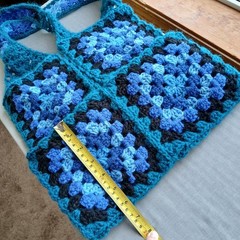Granny Square Tote Bag Beach Bag reusable grocery sack blue teal black handmade