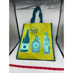 Trader Joes Reusable Grocery Bag Yellow Blue Wine Bottles Maple Syrup Olive Oil
