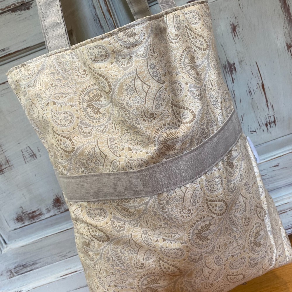 Tote Bag Fully Reversible, Shopping/Beach Bag, Paisley Beige & Cream, 40x38cm