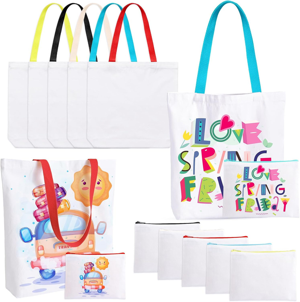 10 Pcs Sublimation Tote Bags Bulk, 5 Sublimation Blanks Canvas Tote Bags & 5 Cos