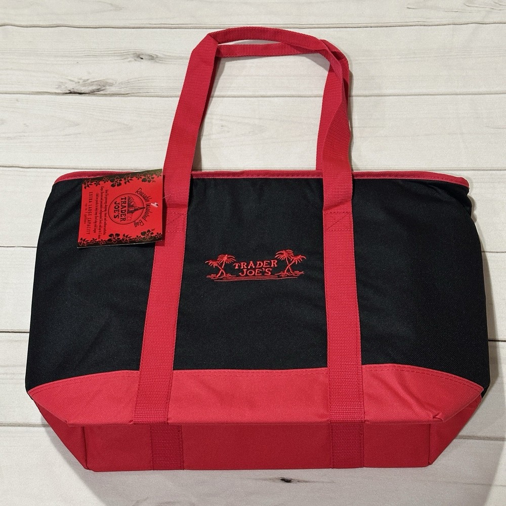 Trader Joe’s Insulated XL Red Cooler Tote Reusable Grocery Shopping Bag Full Zip