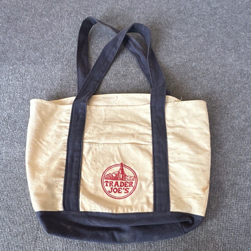 Trader Joe’s Foldable Canvas Tote Bag Beige Navy Solid Plain Reusable Shopping