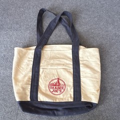 Trader Joe’s Foldable Canvas Tote Bag Beige Navy Solid Plain Reusable Shopping