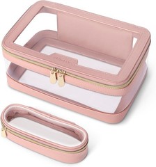 Travel Clear Makeup Bag with Brush Bag, Leather Case L, Pink