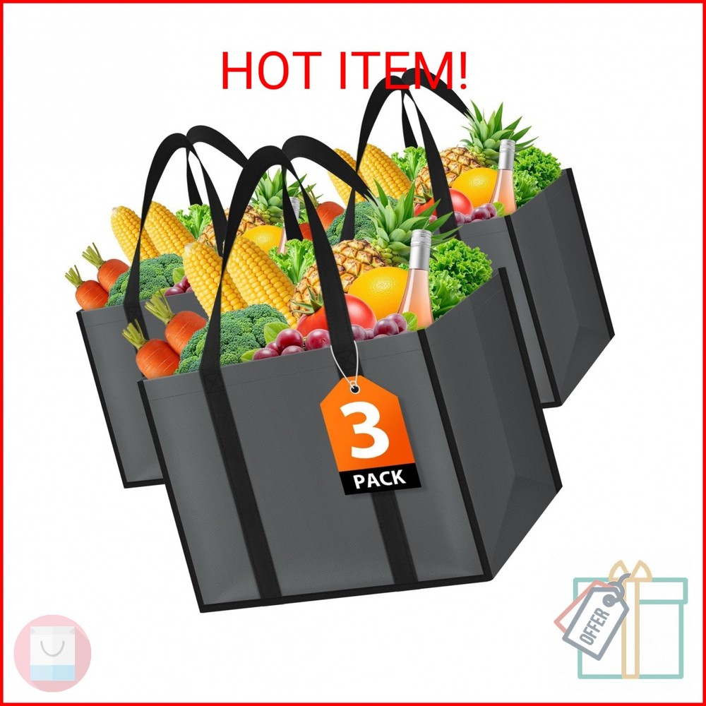 WISELIFE Reusable Grocery Bags with Handles – 3 Pack, 35L Large Shopping Bags fo