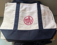 Trader Joe’s Canvas Reusable Foldable Shopping Bag Beige Navy Blue