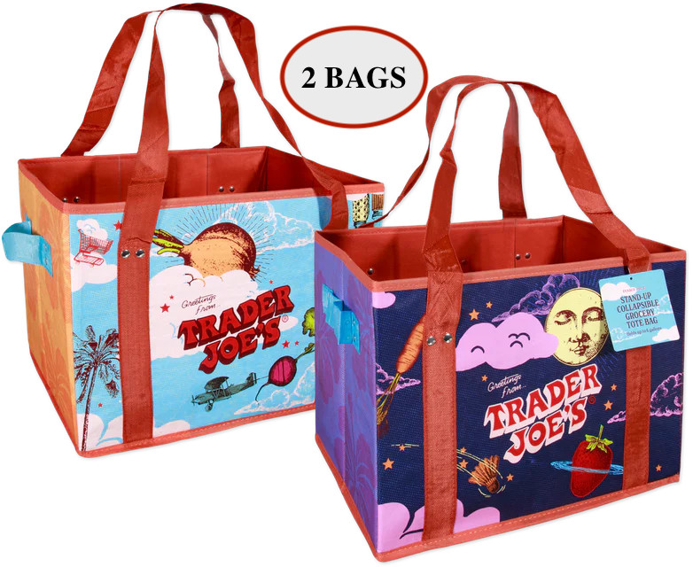 2X NEW TRADER JOE’S STAND UP COLLAPSIBLE TOTE GROCERY BAG. STURDY AND STORABLE
