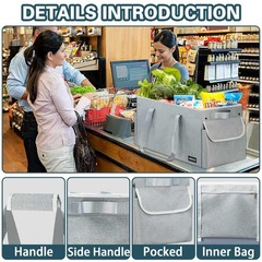 Extra Large Utility Tote Bag Hard Bottom 3 Pockets Grey 22.5x11x12 Inch