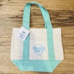 Trader Joe’s Mini Pastel Canvas Bag Off White, Green Base & Straps, Blue Logo US