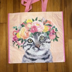 Tiger Kitty Cat FLORAL Crown🌸Reusable Durable Shopping Bag EcoTote TJX NWT