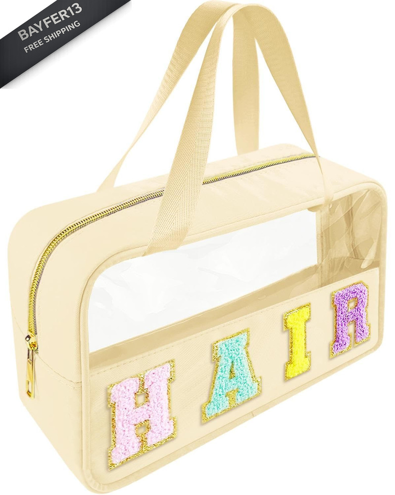 Bunliuys Chenille Letter Clear Makeup Bag Hair Patch, Travel Toiletry Beige