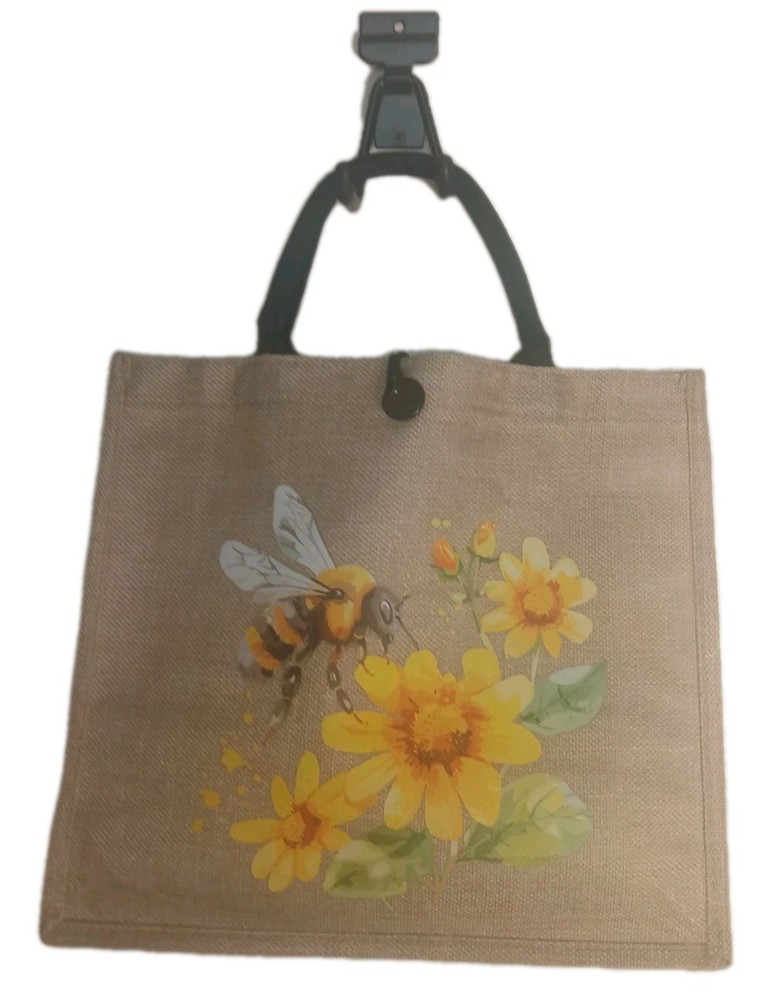 Foldable Canvas Reusable Shopping Bag, Floral Bee Print, Beige Yellow Black