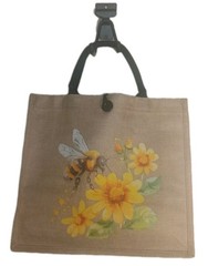 Foldable Canvas Reusable Shopping Bag, Floral Bee Print, Beige Yellow Black