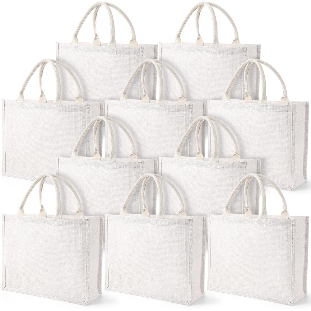 10 Pack White Tote Bags with Handles for Women, 15.4 x 12.2 x 5.9 Inch Burlap…