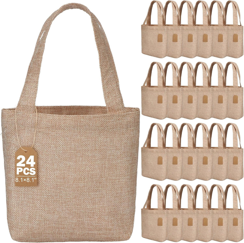 24 Pcs Mini Burlap Tote Bags with Handles Reusable Burlap Gift Bags with Tags Sm