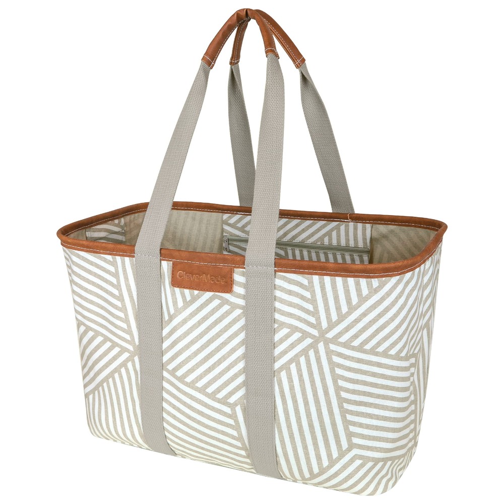 Collapsible Luxe Tote Geometric Taupe 30l 8 Gal Structured Tote Bag With Handl