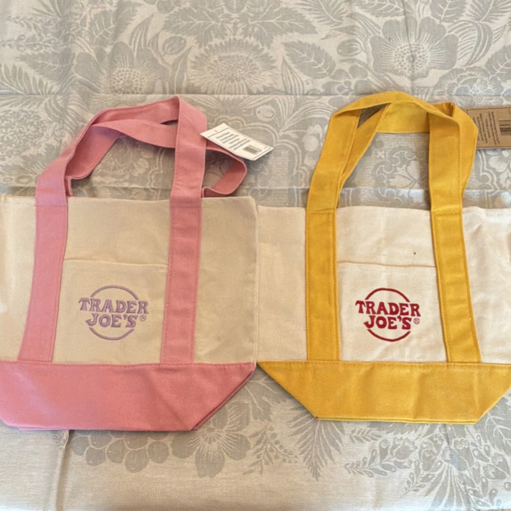 Trader Joe’s Mini Canvas Tote Bag 2-Pack Foldable Pink Yellow Beige Reusable