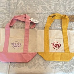 Trader Joe’s Mini Canvas Tote Bag 2-Pack Foldable Pink Yellow Beige Reusable
