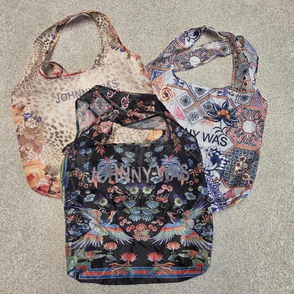 Johnny Was Reusable Foldable Shopping Tote Bags Lot of 3 Floral Print NWOT