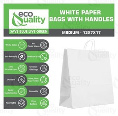 13x7x17 Medium Kraft White Paper Shopping Bags with Twine Handles 100 Pcs