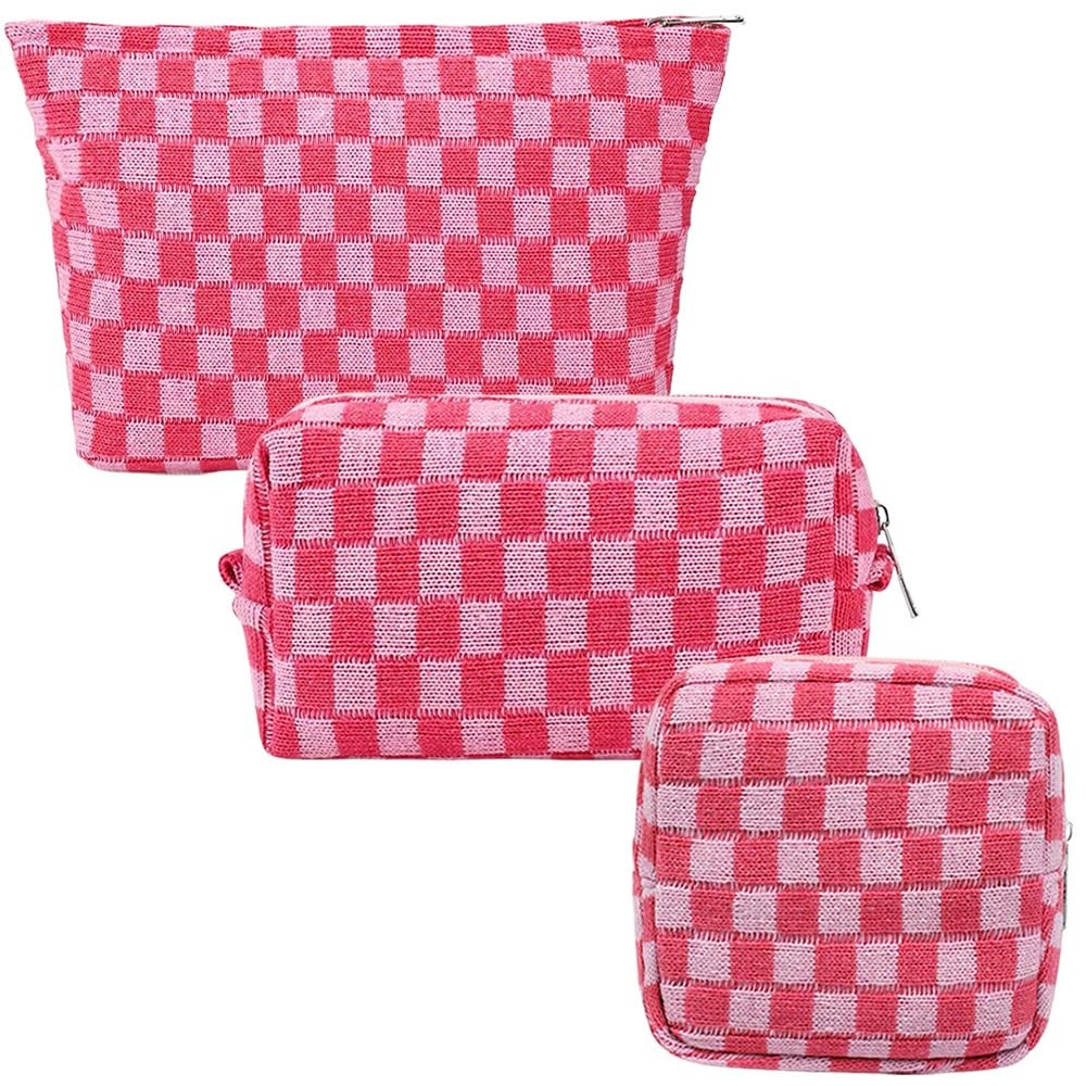FFpaw 3Pcs Makeup Bag Set for Women, Checkered Cosmetic Travel Pink