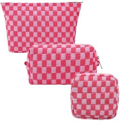 FFpaw 3Pcs Makeup Bag Set for Women, Checkered Cosmetic Travel Pink