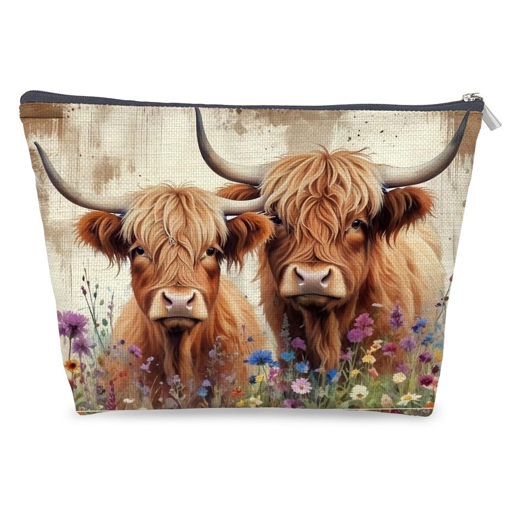 LRWHDFW Farmhouse Highland Cow Makeup Bag Color- Vintage Floral Animal 02