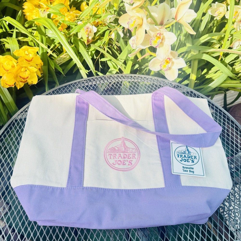 Trader Joe’s Purple White Foldable Canvas Tote Bag Colour Block Reusable