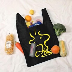 Eco bag,foldable, character,with carabiner,durable,large, black, polyester,002