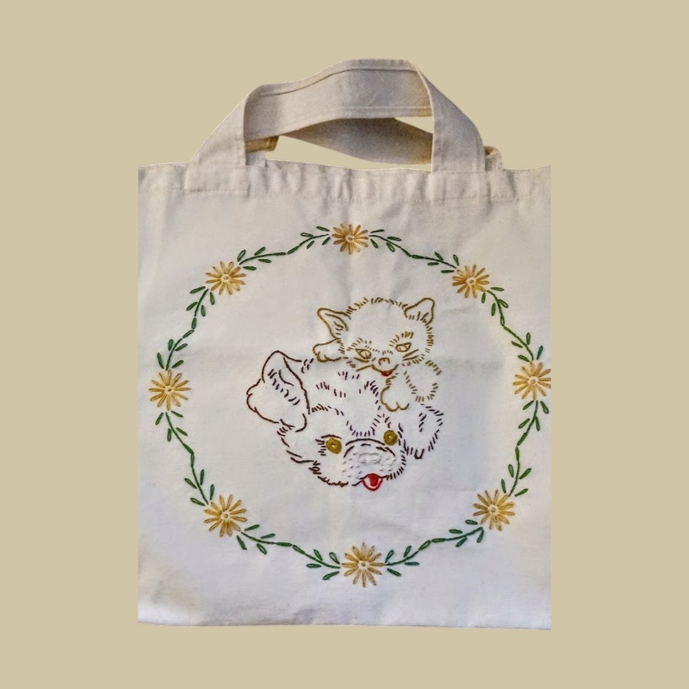 Hand-Embroidered Canvas Reusable Tote Bag–Vintage–Puppy & Kitten
