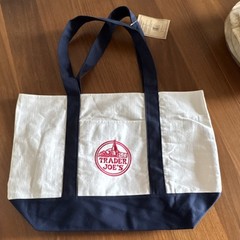 Trader Joe’s Foldable Canvas Reusable Shopping Bag White Navy Blue