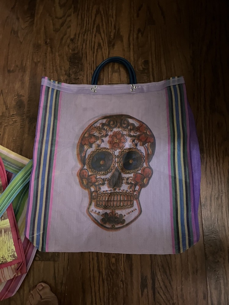 Skulls Mexican Market Mesh Tote Bag Day of the Dead Purple Bag Bolsa Mercado U19