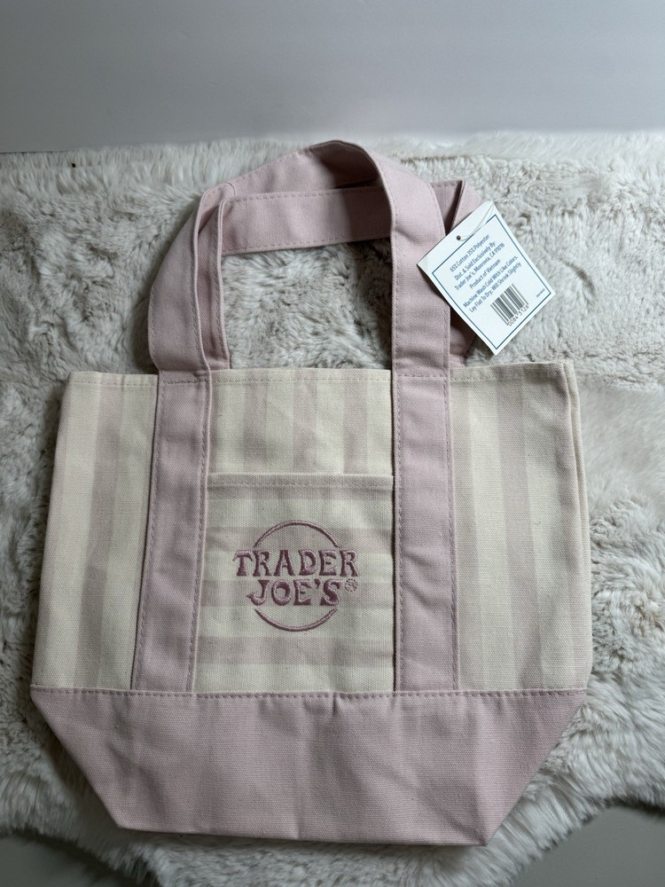 Trader Joes Striped Mini Tote bag Canvas Pink Cream Stripe New With Tag