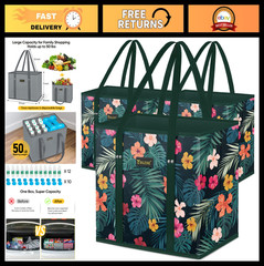 3-Pack Reusable Grocery Bags, Foldable Shopping Tote with Reinforced Bottom & Ha