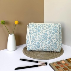 Makeup Bag Large Travel Quilted Cosmetic Organizer, Blue Floral