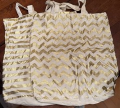 2-Pack Gold White Foldable Fabric Reusable Shopping Bag Set, Chevron Striped