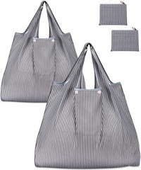 KINGMAS Reusable Grocery Bags, Eco-Friendly Folding Tote Large, Gray Stripe