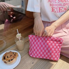 FFpaw 3Pcs Makeup Bag Set for Women, Checkered Cosmetic Travel Pink