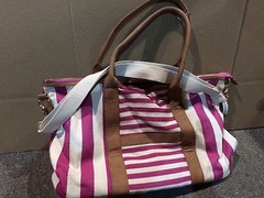 Lot Of 2 Stylish Plastic & Canvas Reusable Tote Bags Pink With White Stripe XL