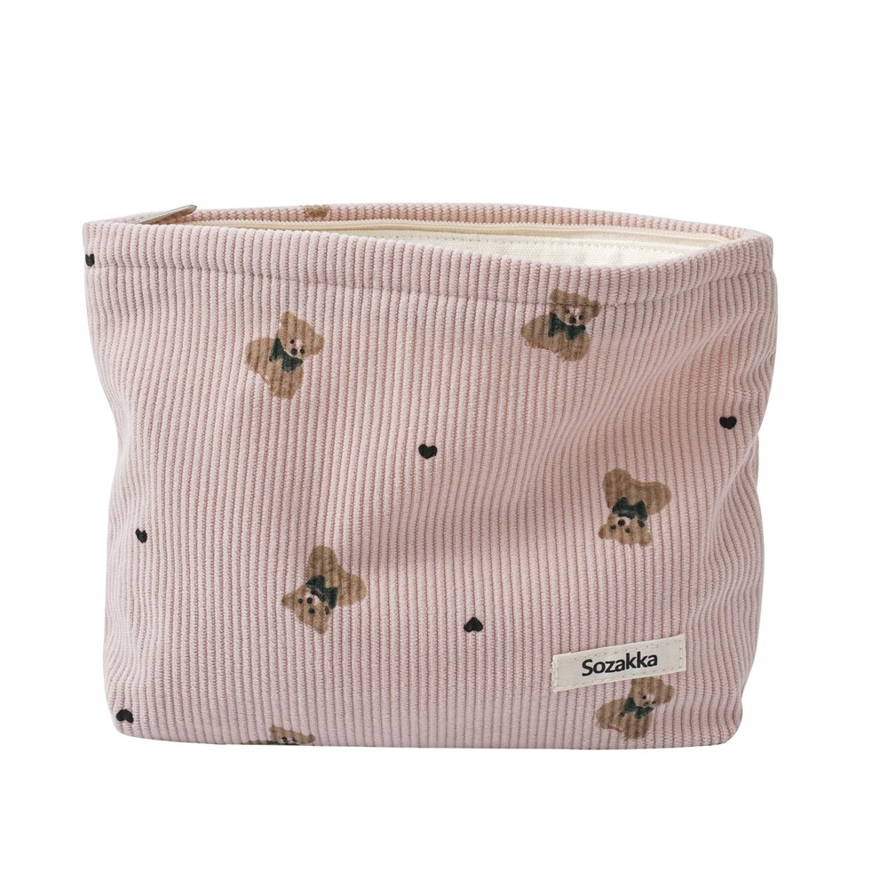 RSRSLEII Corduroy Travel Makeup Bag with Bear Pattern, Cosmetic 01Pink