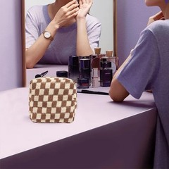 Small Brown Makeup Bag for Purse, Mini Checkered Cosmetic