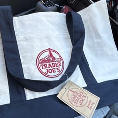 Trader Joe’s Foldable Reusable Canvas Shopping Bag White Navy Blue