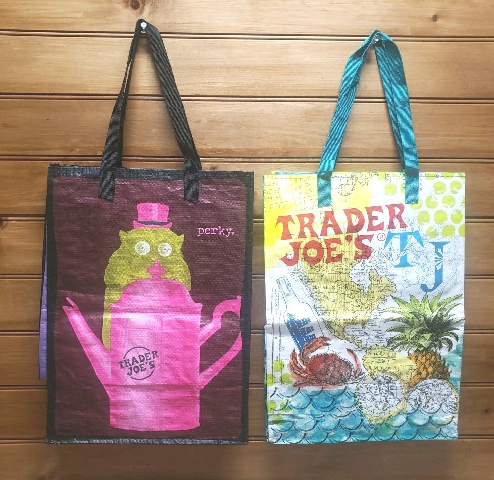 Trader Joes Reusable Shopping Bags Double Handles 16″ × 12″ Lot Of 2