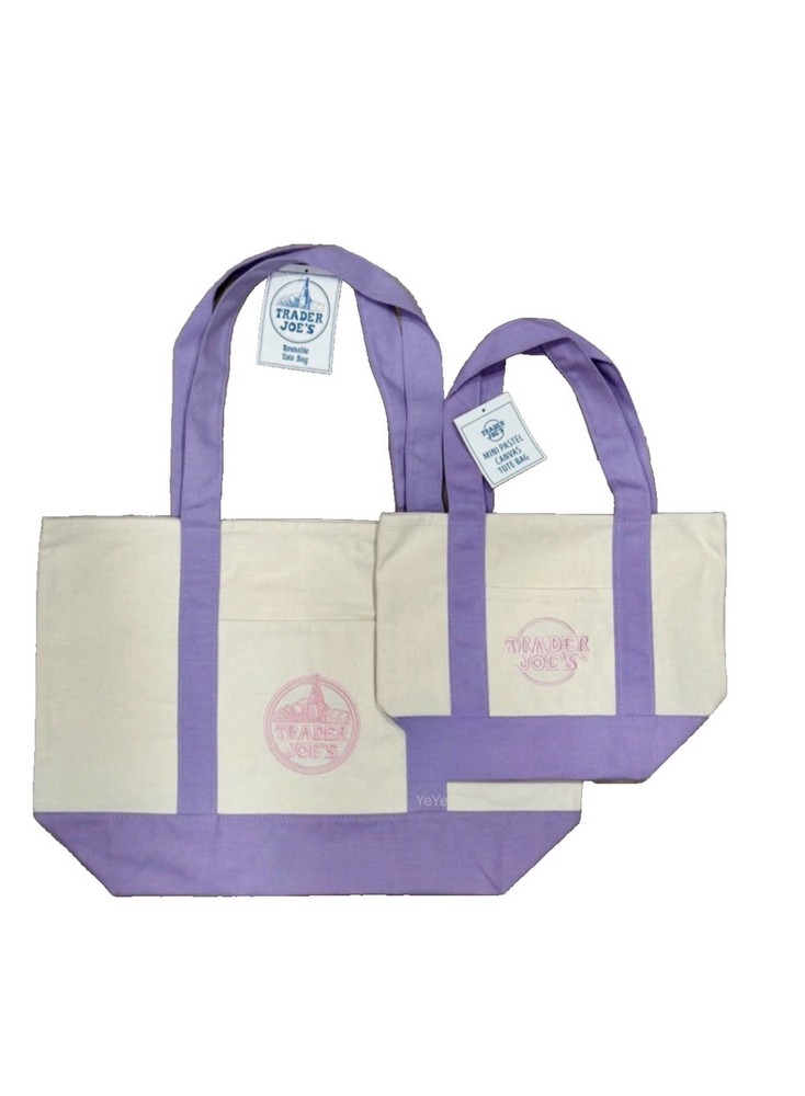 Trader Joe’s LARGE Lavender Canvas Reusable Shopping Bag Tote And Mini Tote