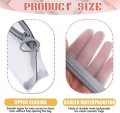 3 Pcs Mesh Makeup Brush Bag, Nylon Zipper Pouch Bags pink, gray, khaki