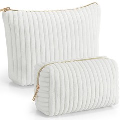 Paterr 2 Pcs White Fuzzy Makeup Bag Set Flannel Cosmetic Bags Cute