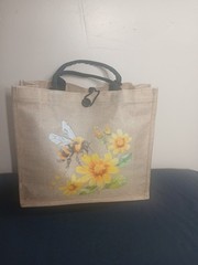 Foldable Canvas Reusable Shopping Bag, Floral Bee Print, Beige Yellow Black