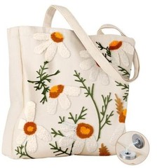Aesthetic Embroidery Tote Bag for Women – Reusable Canvas Cute Shoulder Daisy